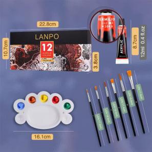 12 Colors 12ml Artist Acrylic Paint Set (including 6pcs brushes+2pcs canvas+1pcs color palette)