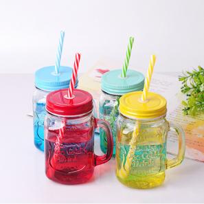 500ml 170z Drinking Gradient color juice glass jar with plastic straw