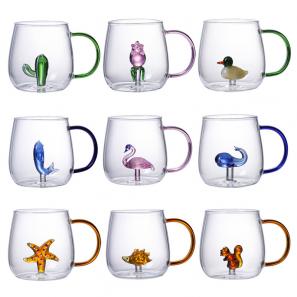 3D Water Glass Cup with Cartoon Animal Plants Flower Inside with Handle 